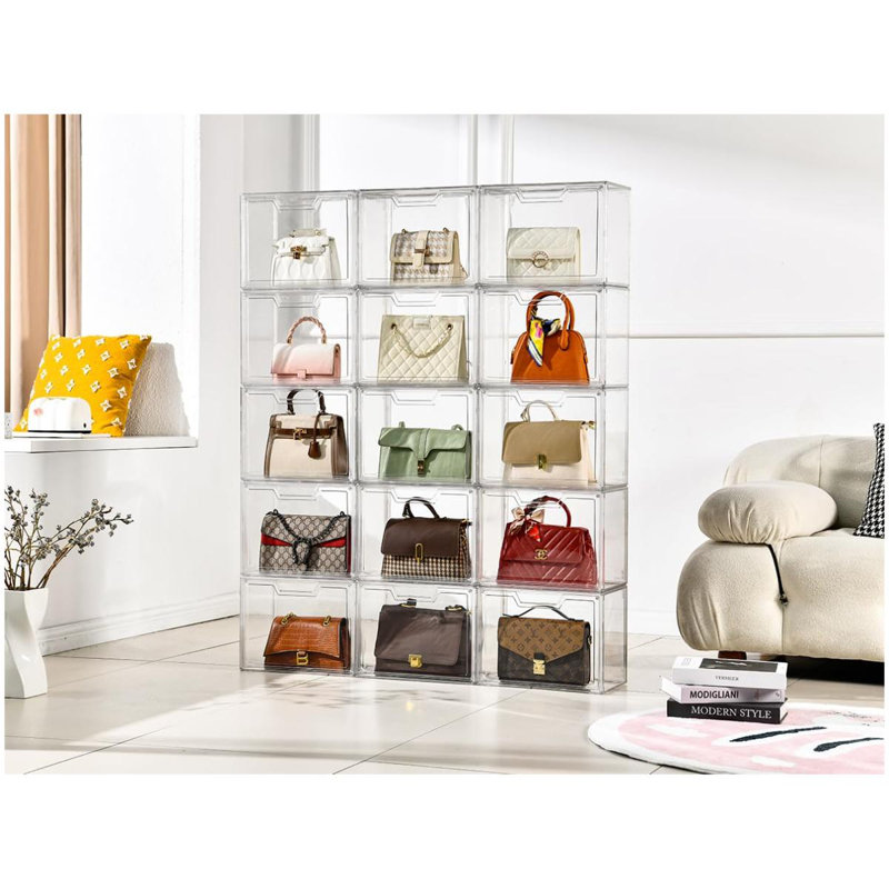 Rebrilliant Purse Organizer For Closet Clear Acrylic Display Case For Handbag Organizer Purse Storage Box With Magnetic Door Plastic Storage Bins For Book Collectibles Cosmetic 5 Pack Clear Wayfair